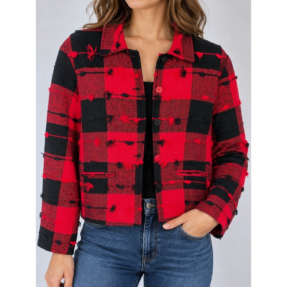 Estefanie's Cropped Jacket M Red Black Plaid Woven Fringe Boho Art to Wear